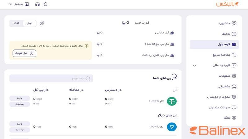 بخش کیف پول در صرافی بالینکس1